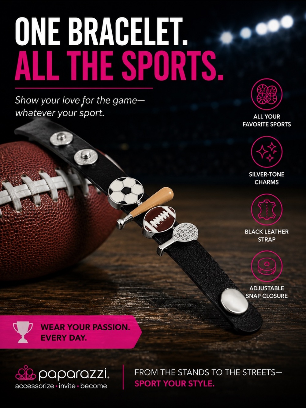 paparazzi Black Leather Sports Charm Bracelet - Black & Silver